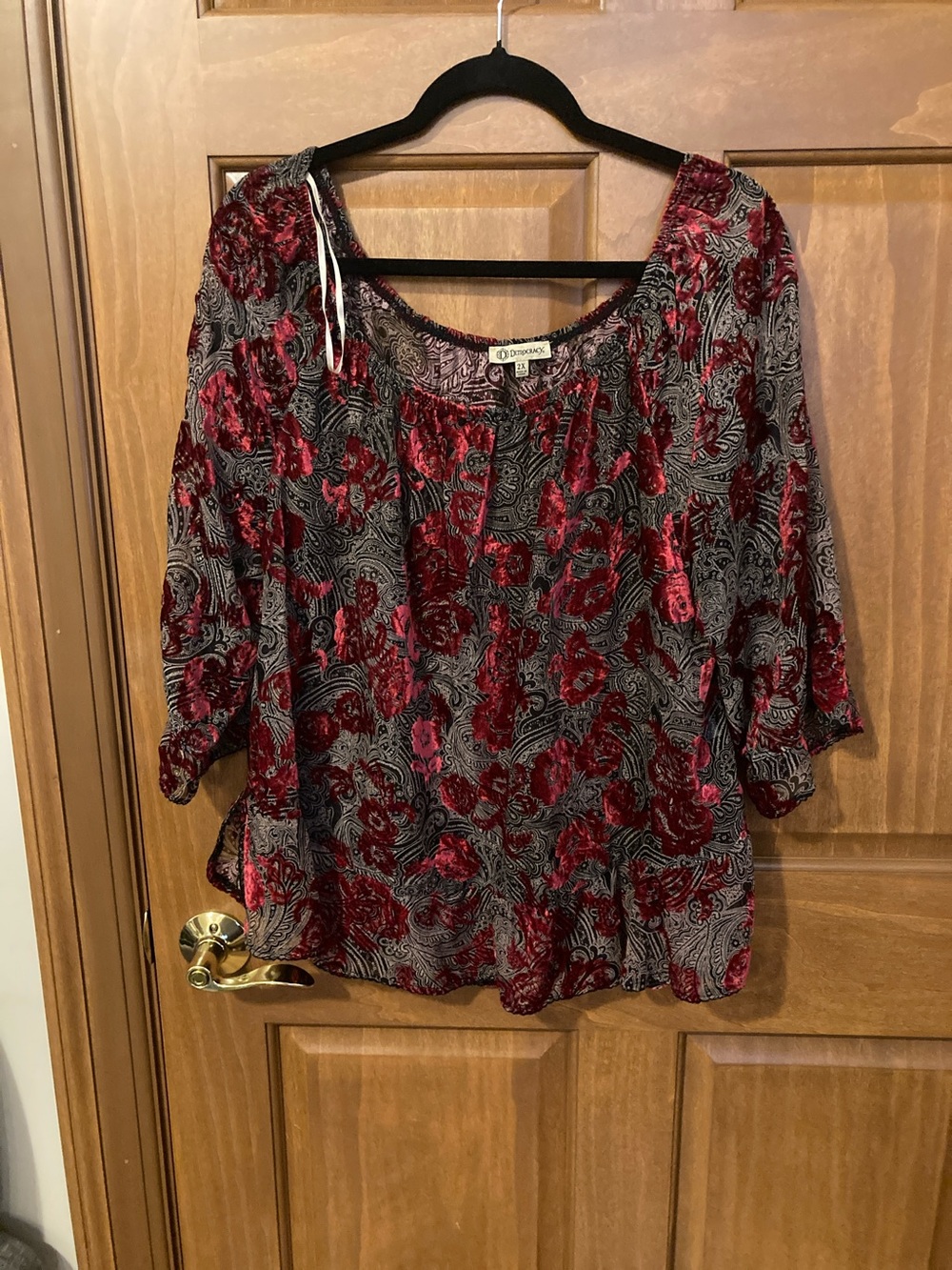 Democracy Red and Black Floral Velvet Burnout Blouse